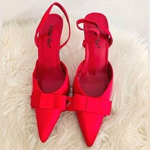 Midnight Velvet Slingback Pointed Toe Bow Red Kitten Heel Shoe. Women's Sz 7W🌴